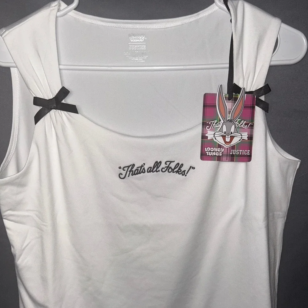 Justice Looney Tunes Girls XL Plus 16P/18P White Thats All Folks Bow Tank Top